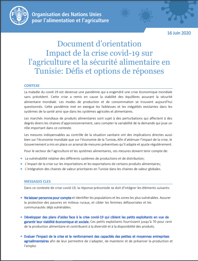 Document d’orientation Impact de la crise covid-19 sur l'agriculture et la sécurité alimentaire en Tunisie: Défis et options de réponses